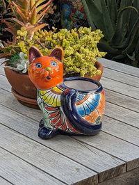 Talavera Cat Flower Pot, Ceramic Planter Home Decor, Indoor Outdoor Planter Pot, Mexican Pottery Yard & Garden Decor, Handmade