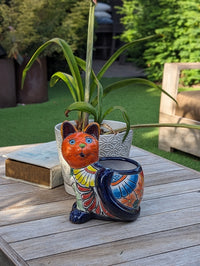 Talavera Cat Flower Pot, Ceramic Planter Home Decor, Indoor Outdoor Planter Pot, Mexican Pottery Yard & Garden Decor, Handmade