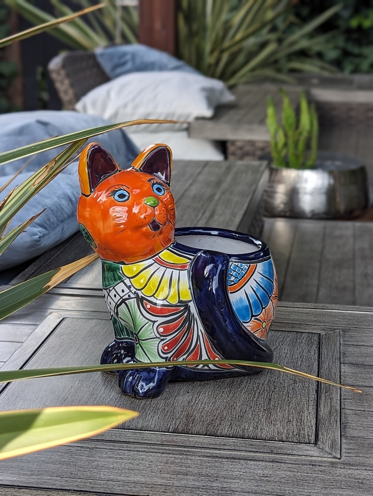 Talavera Cat Flower Pot, Ceramic Planter Home Decor, Indoor Outdoor Planter Pot, Mexican Pottery Yard & Garden Decor, Handmade
