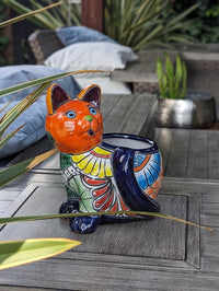 Talavera Cat Flower Pot, Ceramic Planter Home Decor, Indoor Outdoor Planter Pot, Mexican Pottery Yard & Garden Decor, Handmade