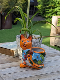 Talavera Cat Flower Pot, Ceramic Planter Home Decor, Indoor Outdoor Planter Pot, Mexican Pottery Yard & Garden Decor, Handmade