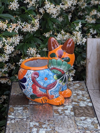 Talavera Cat Flower Pot, Ceramic Planter Home Decor, Indoor Outdoor Planter Pot, Mexican Pottery Yard & Garden Decor, Handmade