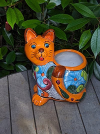 Talavera Cat Flower Pot, Ceramic Planter Home Decor, Indoor Outdoor Planter Pot, Mexican Pottery Yard & Garden Decor, Handmade