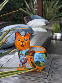 Talavera Cat Flower Pot, Ceramic Planter Home Decor, Indoor Outdoor Planter Pot, Mexican Pottery Yard & Garden Decor, Handmade
