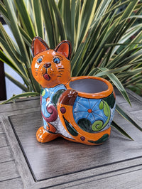 Talavera Cat Flower Pot, Ceramic Planter Home Decor, Indoor Outdoor Planter Pot, Mexican Pottery Yard & Garden Decor, Handmade