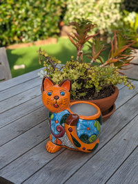Talavera Cat Flower Pot, Ceramic Planter Home Decor, Indoor Outdoor Planter Pot, Mexican Pottery Yard & Garden Decor, Handmade