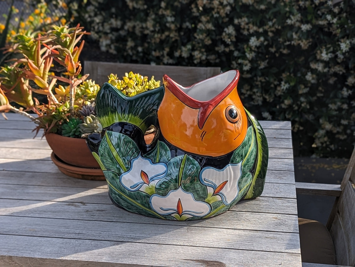 Talavera Whale Planter is Hand Painted Ceramic Mexican Pottery | Large Fish Planter Pot for Yard Art & Outdoor Garden Decor, Big Flower Pot