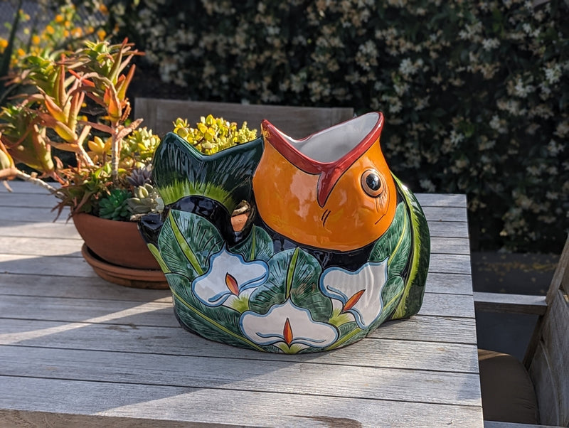 Talavera Whale Planter is Hand Painted Ceramic Mexican Pottery | Large Fish Planter Pot for Yard Art & Outdoor Garden Decor, Big Flower Pot