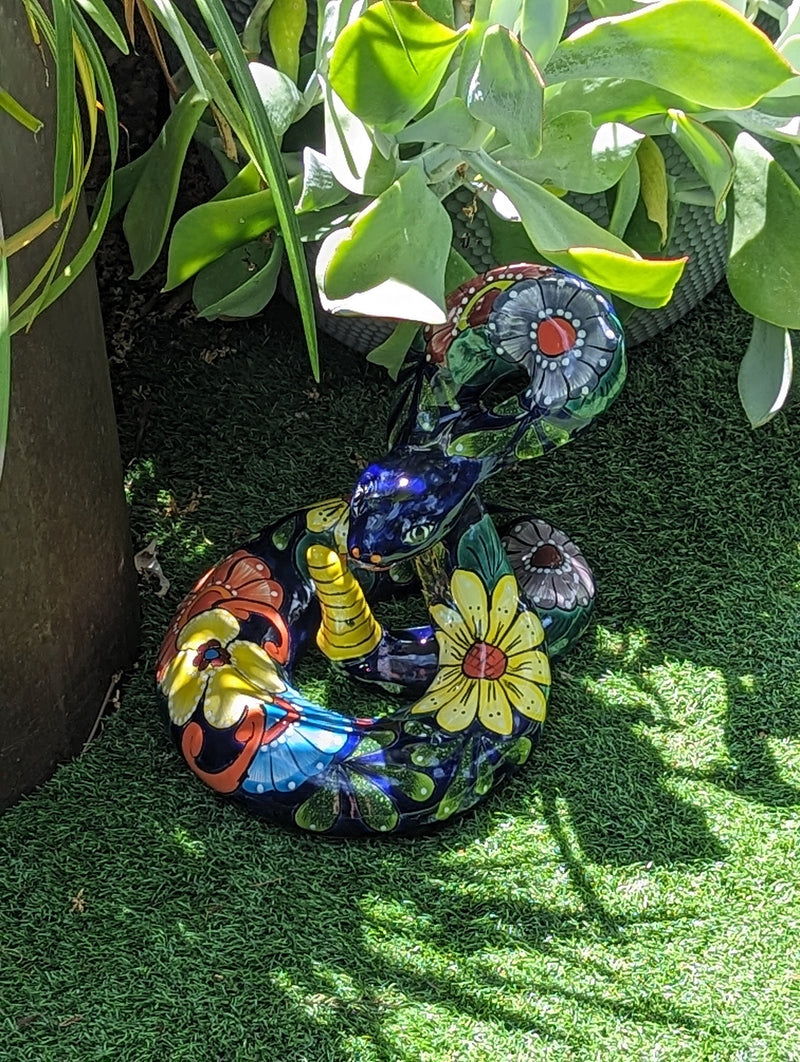 Talavera Rattlesnake Figurine Ceramic Mexican Pottery, Outdoor Snake Decor and Garden Statue Handmade in Mexico