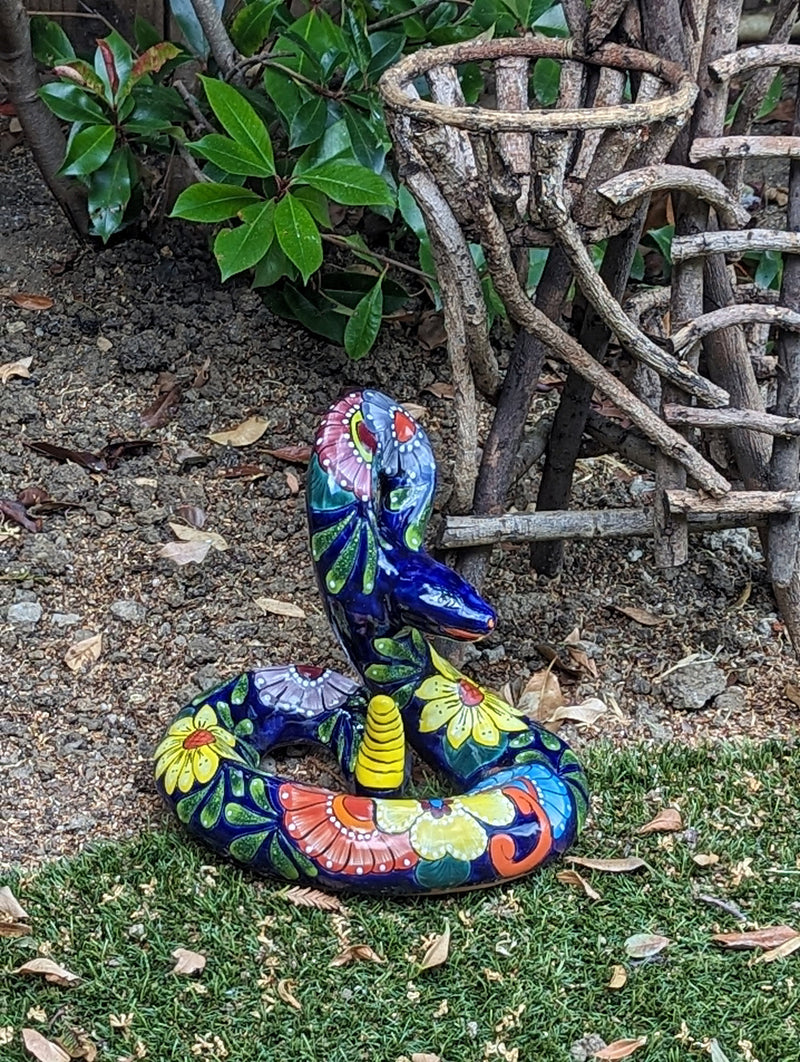 Talavera Rattlesnake Figurine Ceramic Mexican Pottery, Outdoor Snake Decor and Garden Statue Handmade in Mexico