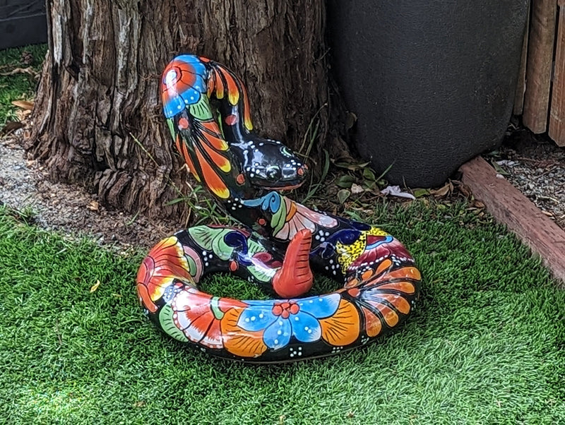 Talavera Rattlesnake Figurine Ceramic Mexican Pottery, Outdoor Snake Decor and Garden Statue Handmade in Mexico