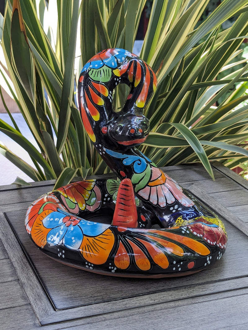 Talavera Rattlesnake Figurine Ceramic Mexican Pottery, Outdoor Snake Decor and Garden Statue Handmade in Mexico