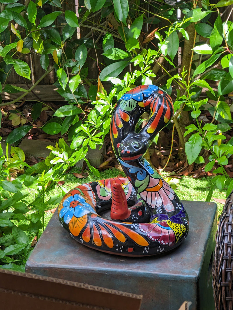 Talavera Rattlesnake Figurine Ceramic Mexican Pottery, Outdoor Snake Decor and Garden Statue Handmade in Mexico