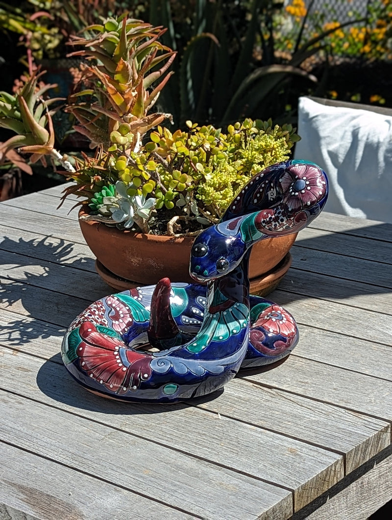 Handmade Talavera Rattle Snake Garden Decor | Original Yard Art & Garden Decoration, Ceramic Mexican Pottery is Outdoor Decor Gift for Him