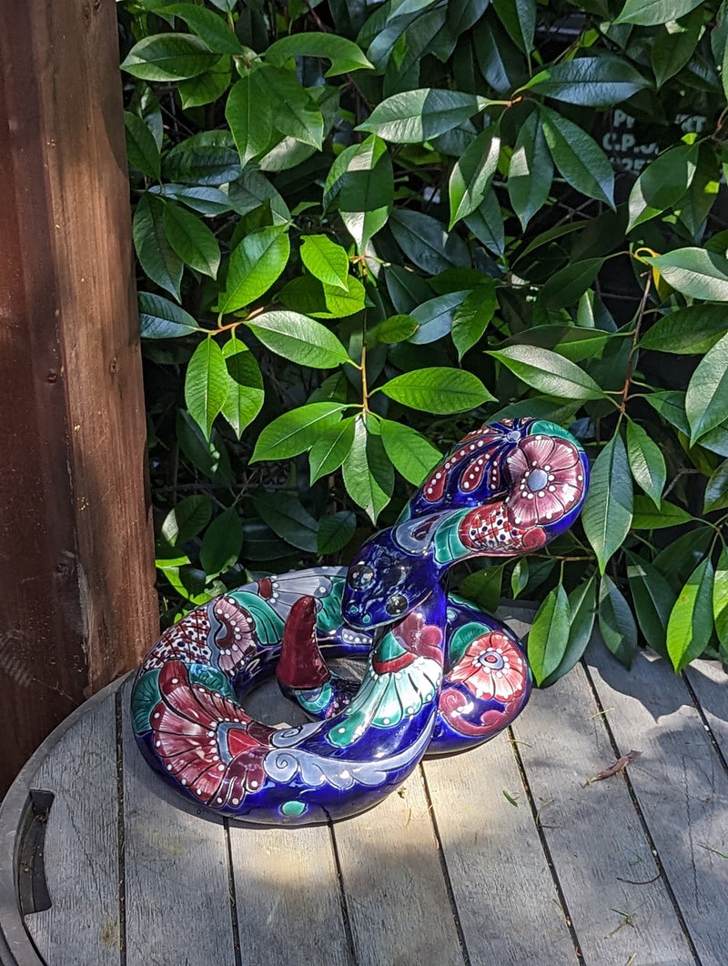 Handmade Talavera Rattle Snake Garden Decor | Original Yard Art & Garden Decoration, Ceramic Mexican Pottery is Outdoor Decor Gift for Him