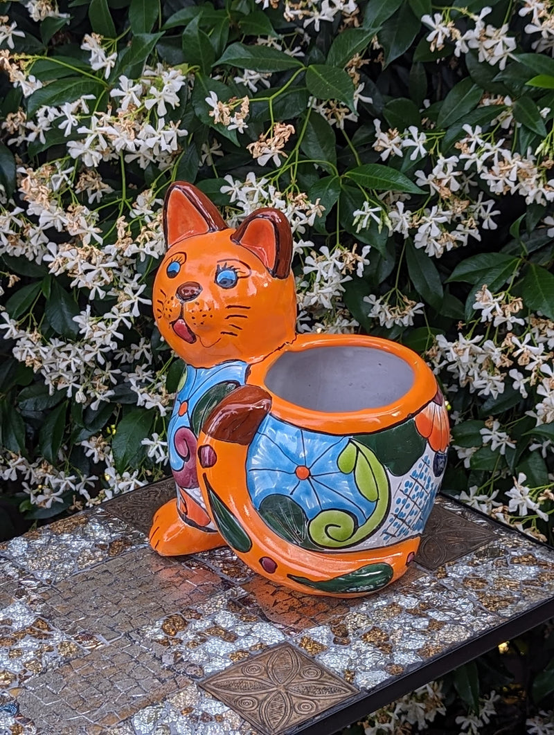 Talavera Cat Flower Pot  Ceramic Planter Home Decor, Handmade Indoor Outdoor Planter Pot, Mexican Pottery Yard & Garden Decor