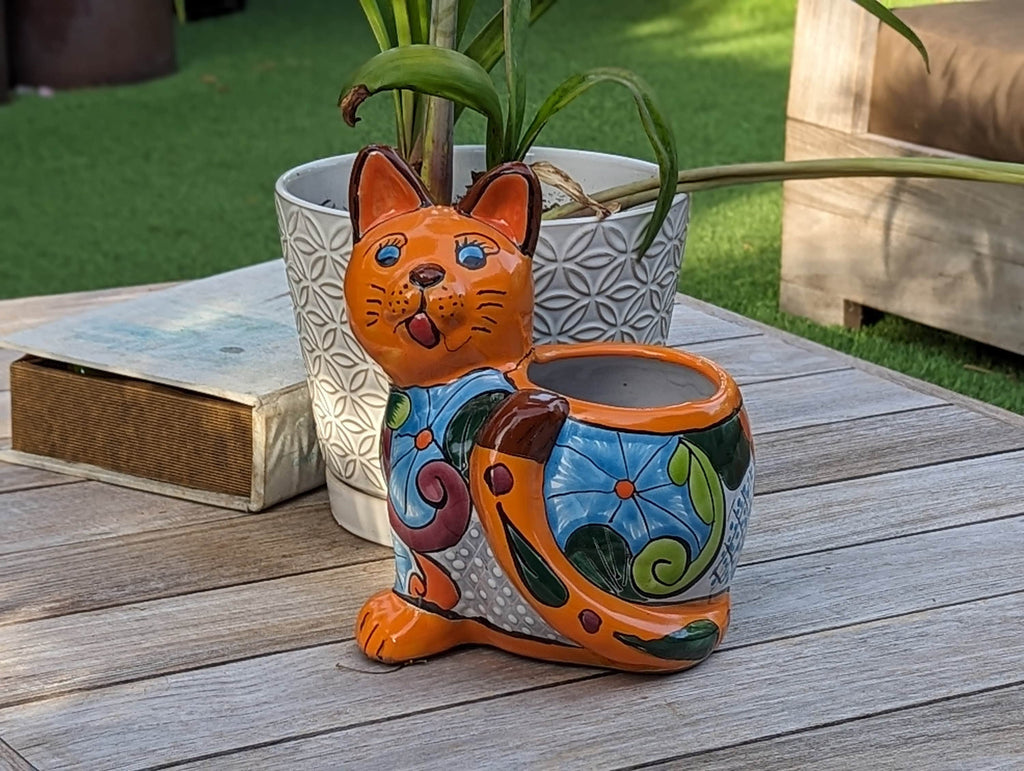 Talavera Cat Flower Pot, Ceramic Planter Home Decor, Indoor Outdoor Planter Pot, Mexican Pottery Yard & Garden Decor, Handmade