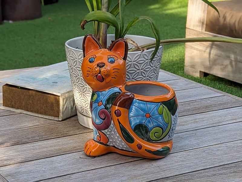 Talavera Cat Flower Pot, Ceramic Planter Home Decor, Indoor Outdoor Planter Pot, Mexican Pottery Yard & Garden Decor, Handmade