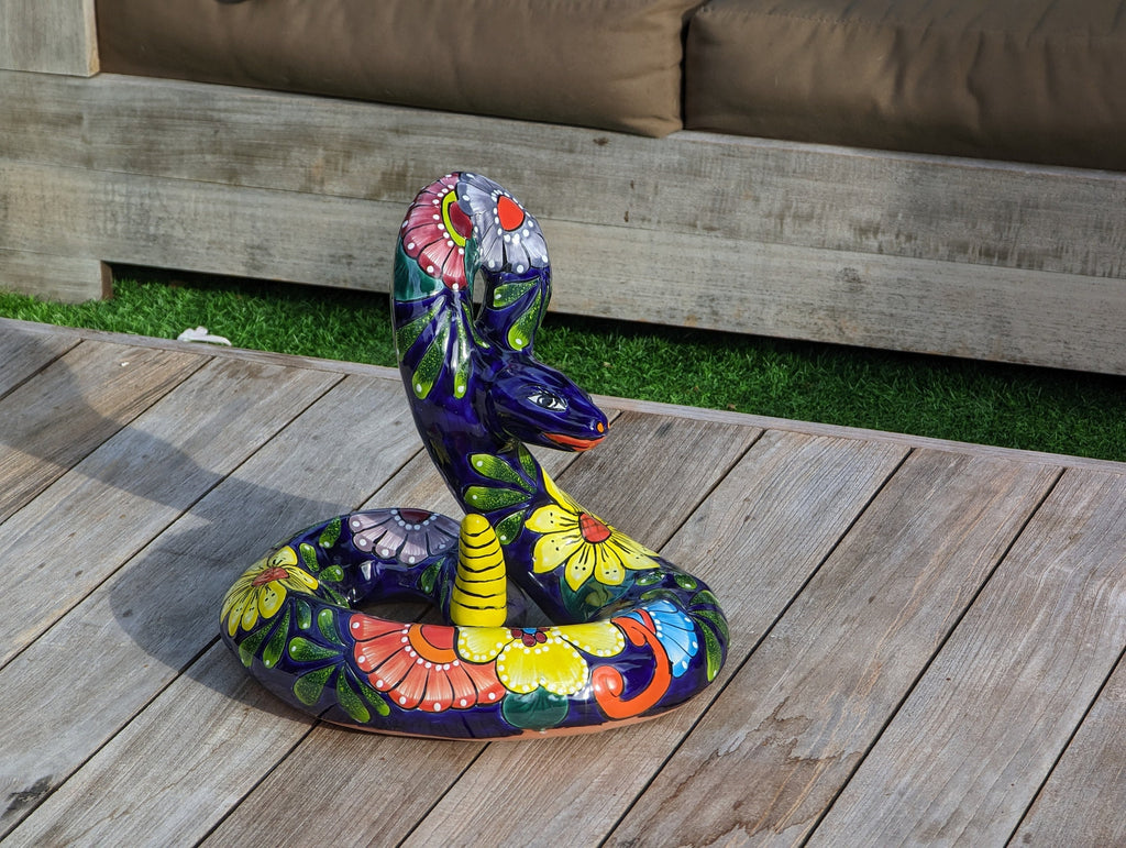 Talavera Rattlesnake Figurine Ceramic Mexican Pottery, Outdoor Snake Decor and Garden Statue Handmade in Mexico