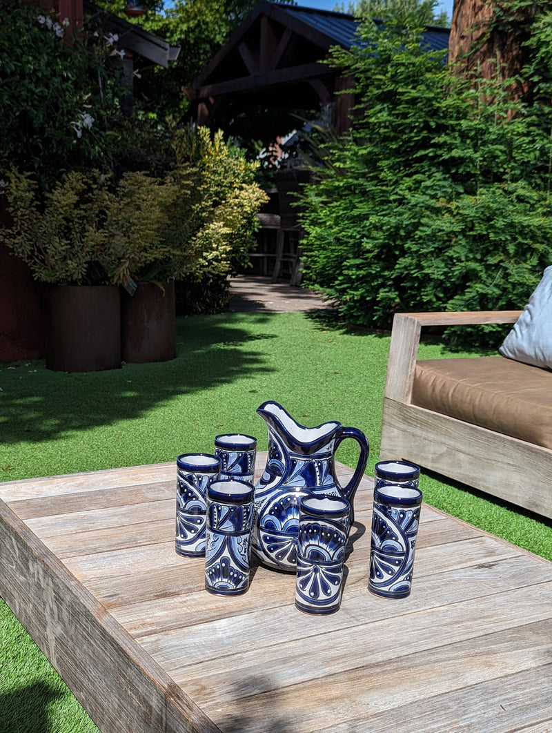 Talavera Ceramic Pitcher & Six Glasses Handmade Mexican Pottery, Ceramic Water Pitcher Set for the Kitchen or Dining Room or Outdoor Picnic