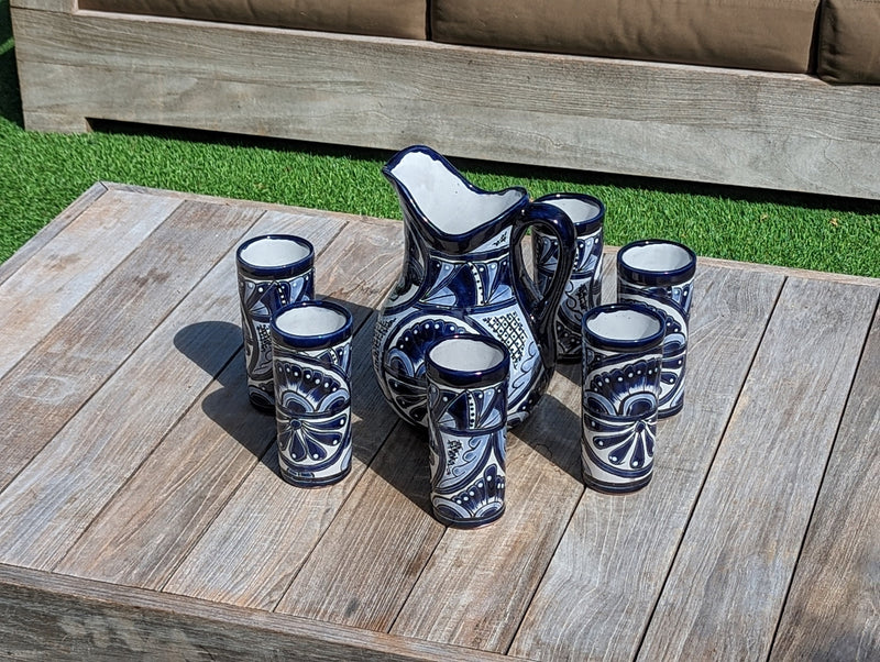 Talavera Ceramic Pitcher & Six Glasses Handmade Mexican Pottery, Ceramic Water Pitcher Set for the Kitchen or Dining Room or Outdoor Picnic