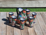 Talavera Ceramic Pitcher & Six Glasses Handmade Mexican Pottery, Ceramic Water Pitcher Set for the Kitchen or Dining Room or Outdoor Picnic