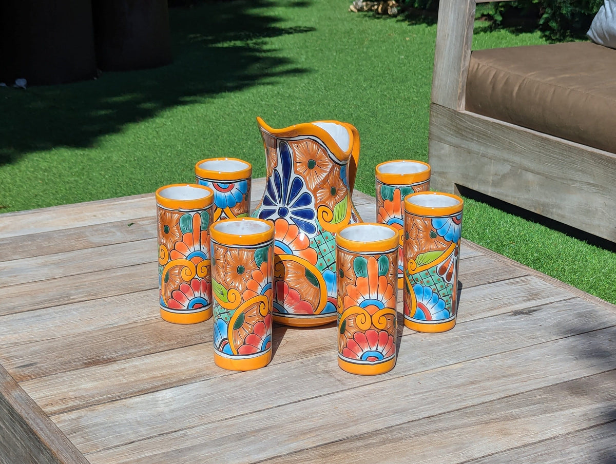 Talavera Ceramic Pitcher & Six Glasses Handmade Mexican Pottery, Ceramic Water Pitcher Set for the Kitchen or Dining Room or Outdoor Picnic