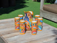 Talavera Ceramic Pitcher & Six Glasses Handmade Mexican Pottery, Ceramic Water Pitcher Set for the Kitchen or Dining Room or Outdoor Picnic