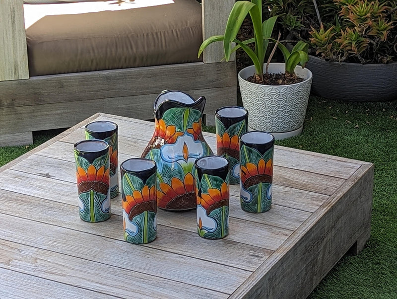 Talavera Ceramic Pitcher & Six Glasses Handmade Mexican Pottery, Ceramic Water Pitcher Set for the Kitchen or Dining Room or Outdoor Picnic