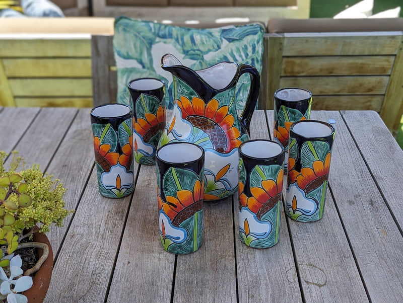 Talavera Ceramic Pitcher & Six Glasses Handmade Mexican Pottery, Ceramic Water Pitcher Set for the Kitchen or Dining Room or Outdoor Picnic