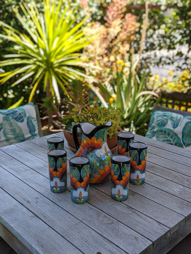 Talavera Ceramic Pitcher & Six Glasses Handmade Mexican Pottery, Ceramic Water Pitcher Set for the Kitchen or Dining Room or Outdoor Picnic