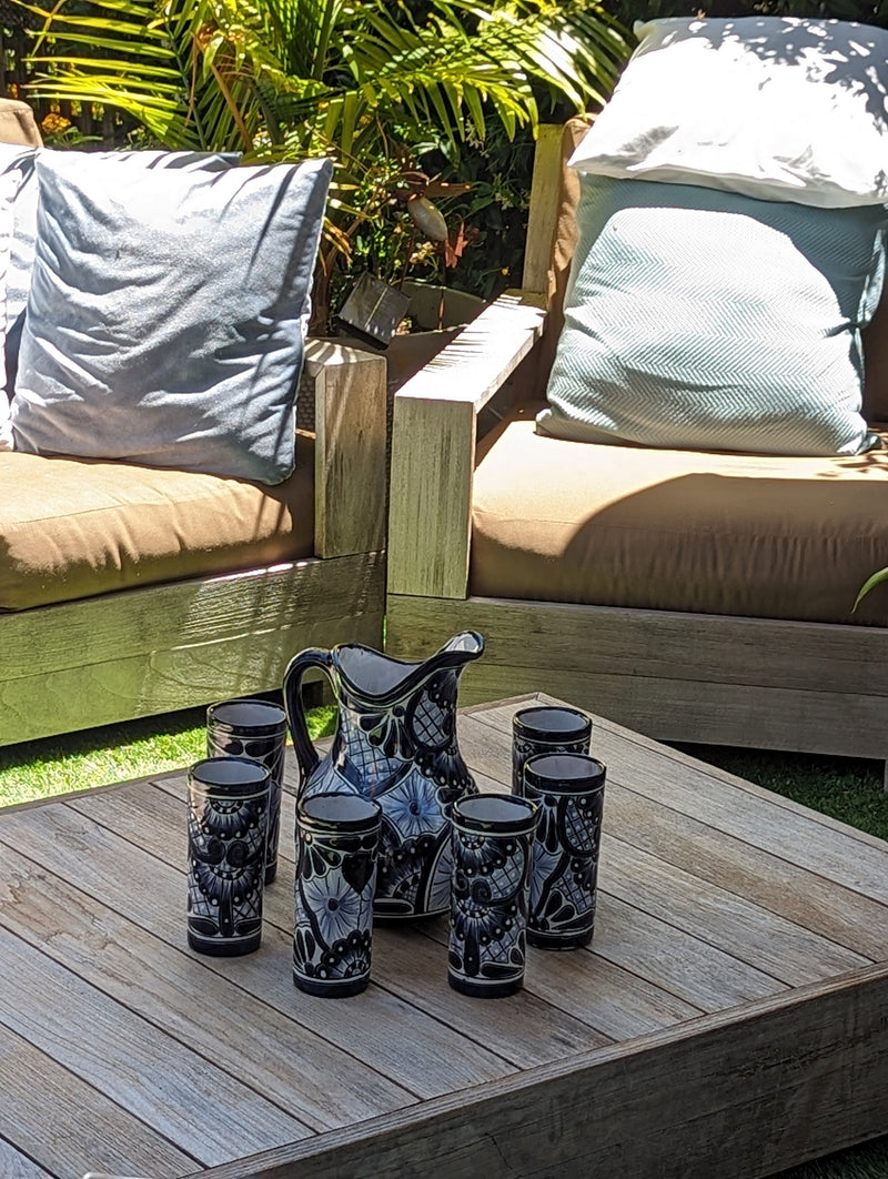 Talavera Ceramic Pitcher & Six Glasses Handmade Mexican Pottery, Ceramic Water Pitcher Set for the Kitchen or Dining Room or Outdoor Picnic