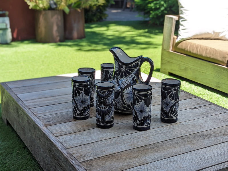 Talavera Ceramic Pitcher & Six Glasses Handmade Mexican Pottery, Ceramic Water Pitcher Set for the Kitchen or Dining Room or Outdoor Picnic