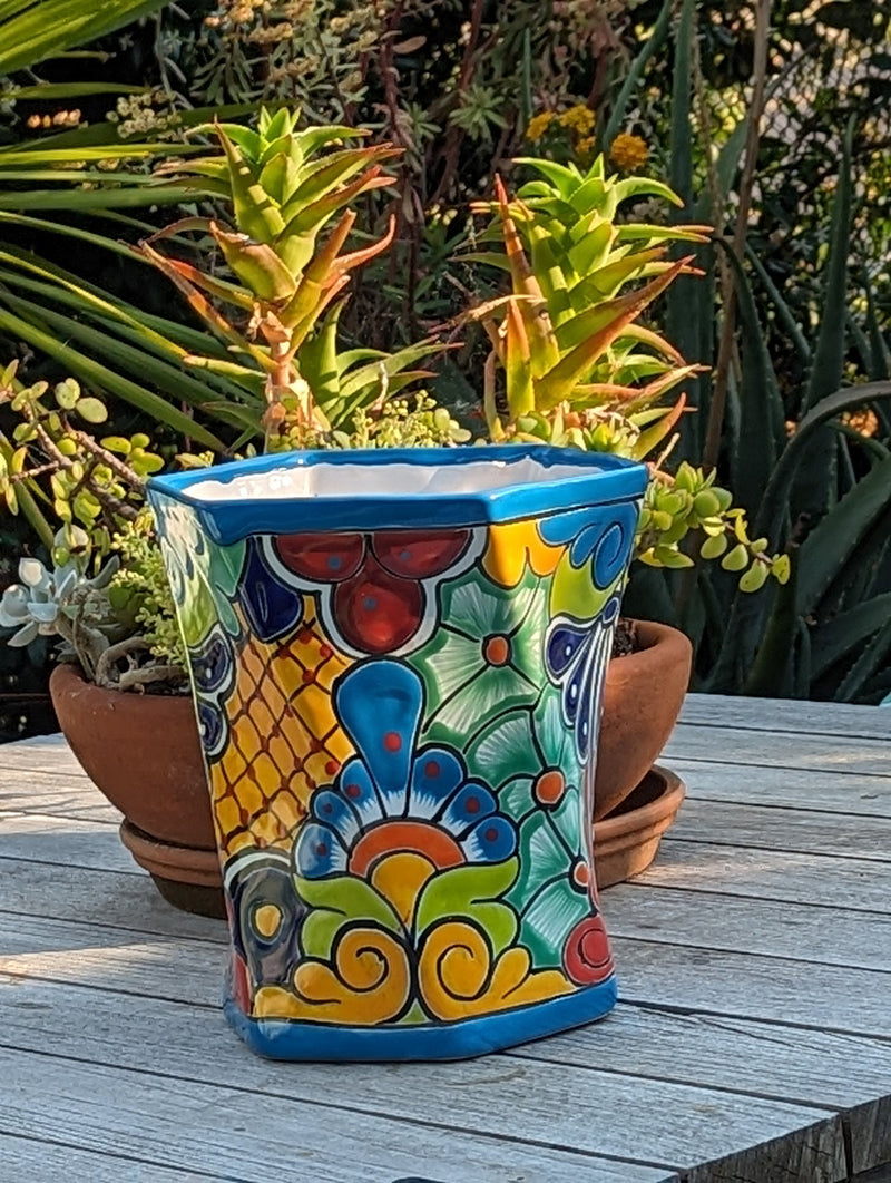 Hexagon Japanese Planter | Geometric Ceramic Flower Pot is Handmade Mexican Pottery for Outdoor Garden Decor, Indoor Home Decor Centerpiece