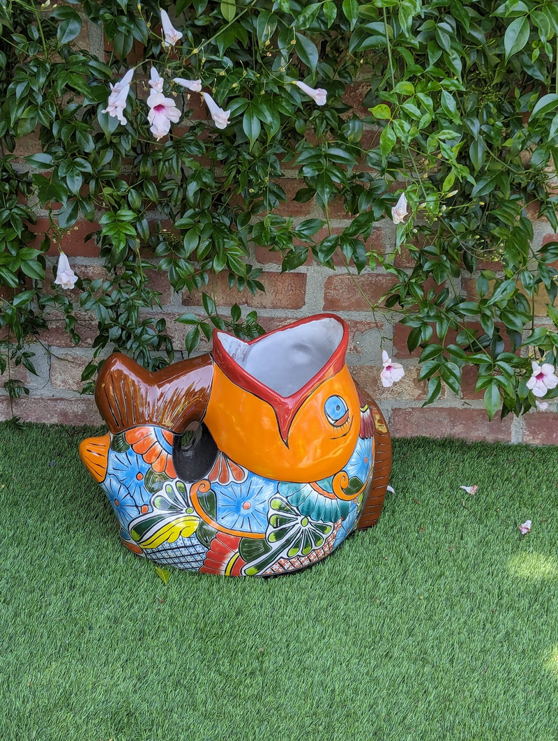 Talavera Whale Planter is Hand Painted Ceramic Mexican Pottery | Large Fish Planter Pot for Yard Art & Outdoor Garden Decor, Big Flower Pot