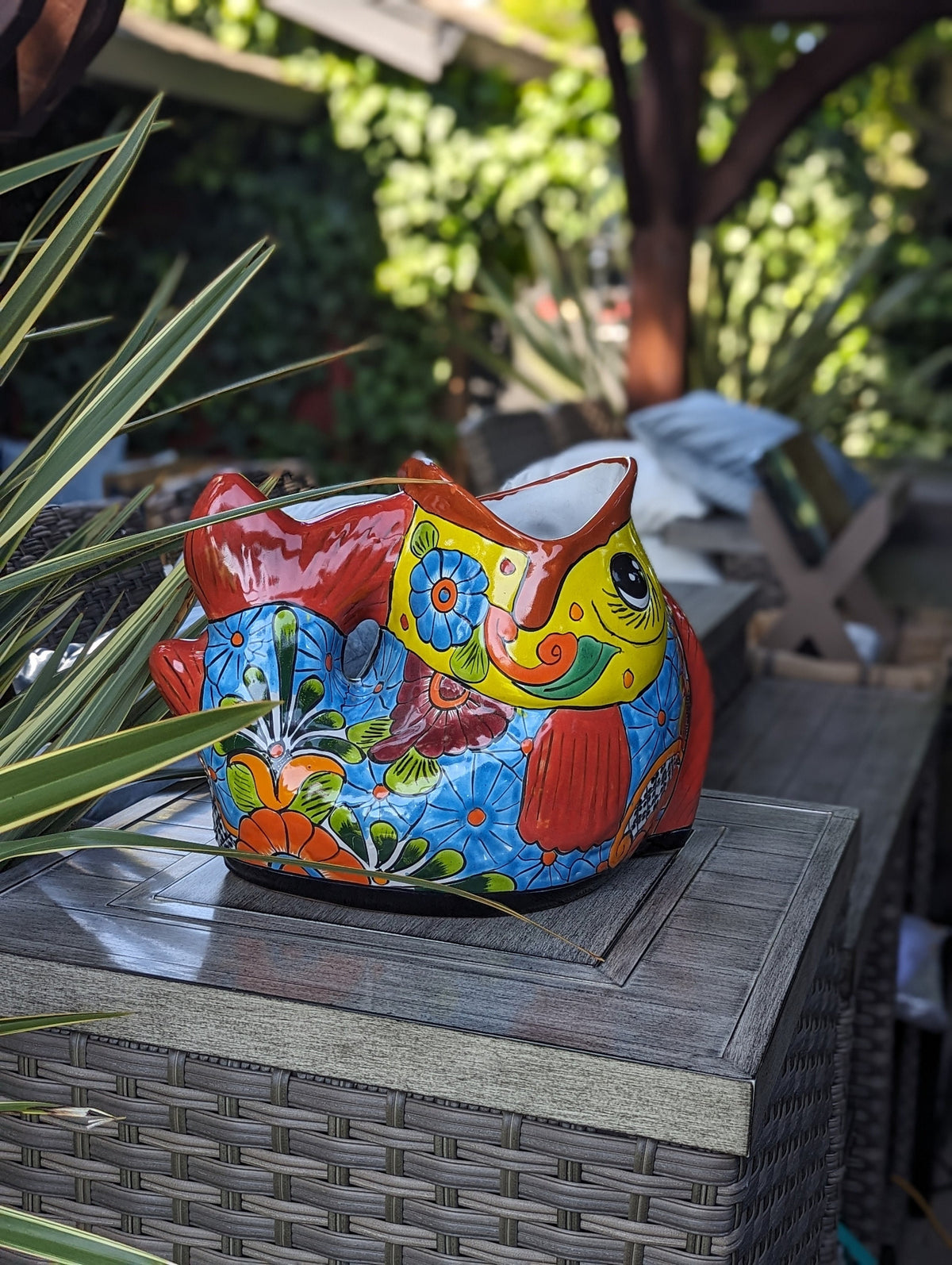 Talavera Whale Planter is Hand Painted Ceramic Mexican Pottery | Large Fish Planter Pot for Yard Art & Outdoor Garden Decor, Big Flower Pot