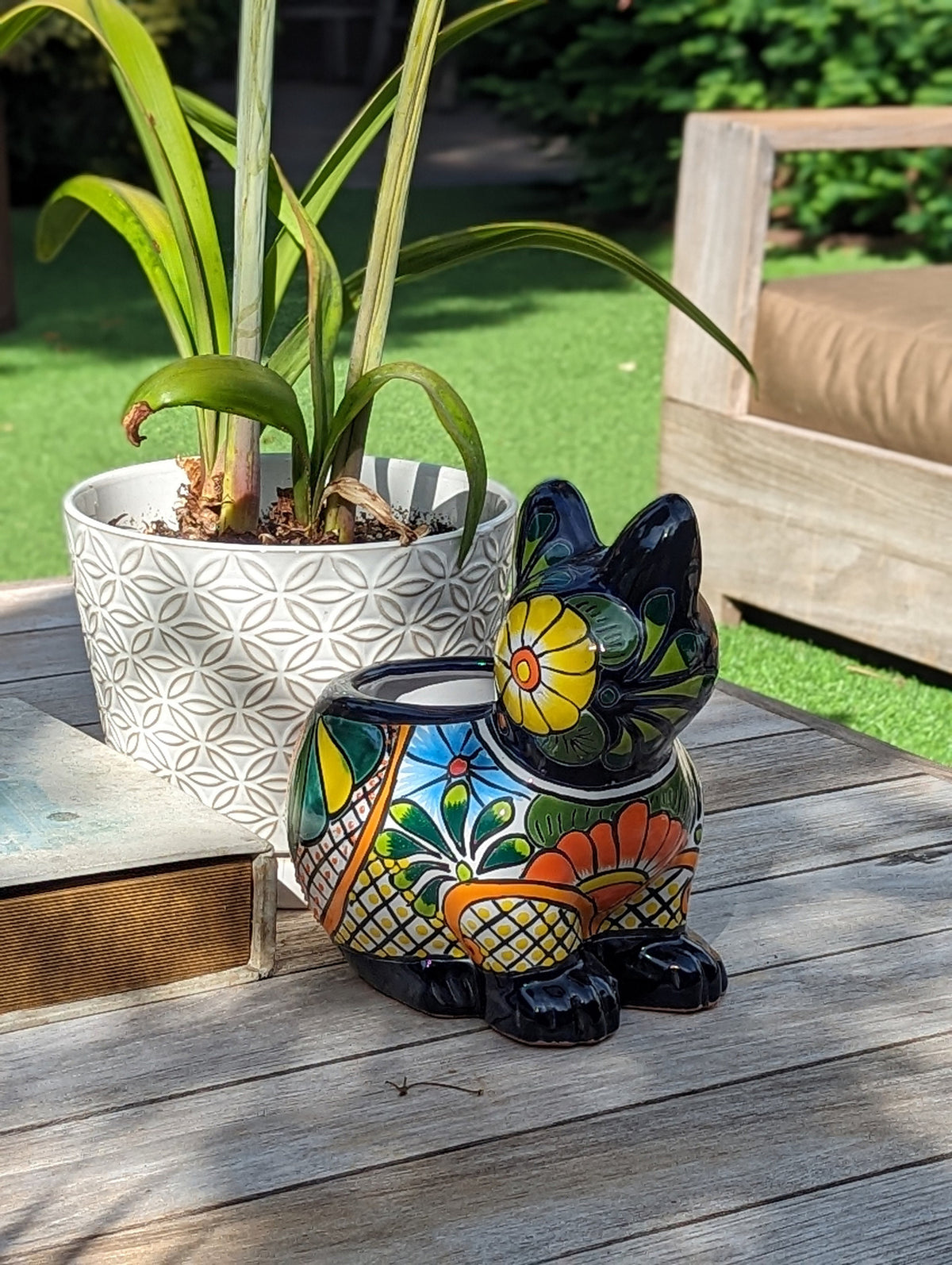 Talavera Cat Flower Pot, Ceramic Planter Home Decor, Indoor Outdoor Planter Pot, Mexican Pottery Yard & Garden Decor, Handmade