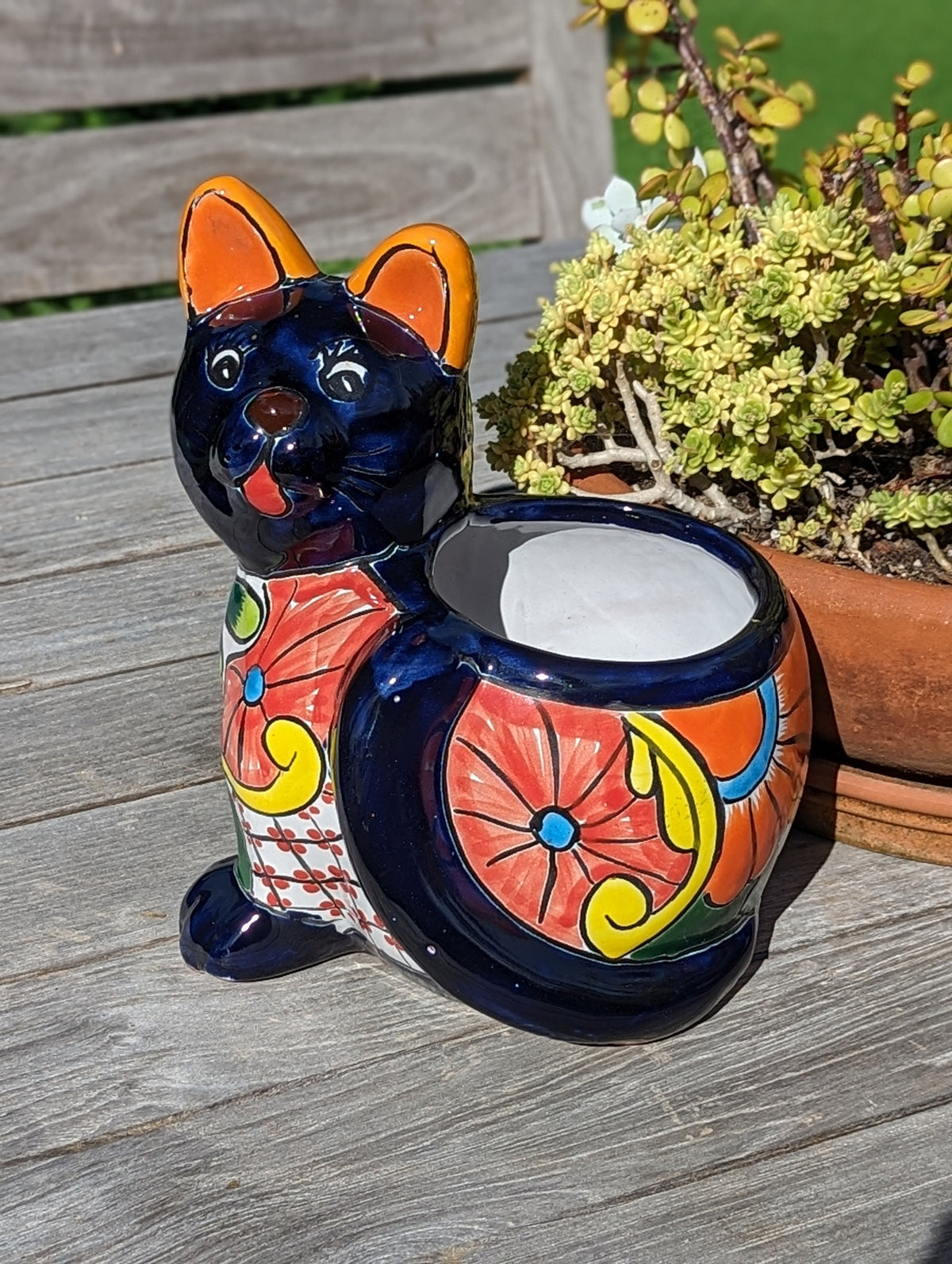 Talavera Cat Flower Pot, Ceramic Planter Home Decor, Indoor Outdoor Planter Pot, Mexican Pottery Yard & Garden Decor, Handmade