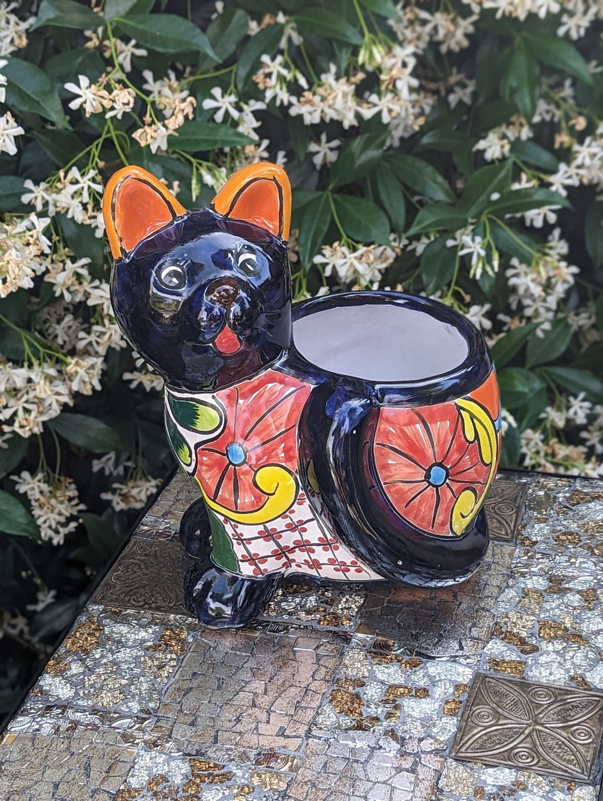 Talavera Cat Flower Pot, Ceramic Planter Home Decor, Indoor Outdoor Planter Pot, Mexican Pottery Yard & Garden Decor, Handmade
