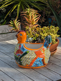Talavera Chicken Ceramic Planter & Colorful Flower Pot, Handmade Outdoor Yard Decor or Indoor Plant Pot, Colorful Mexican Garden Decor