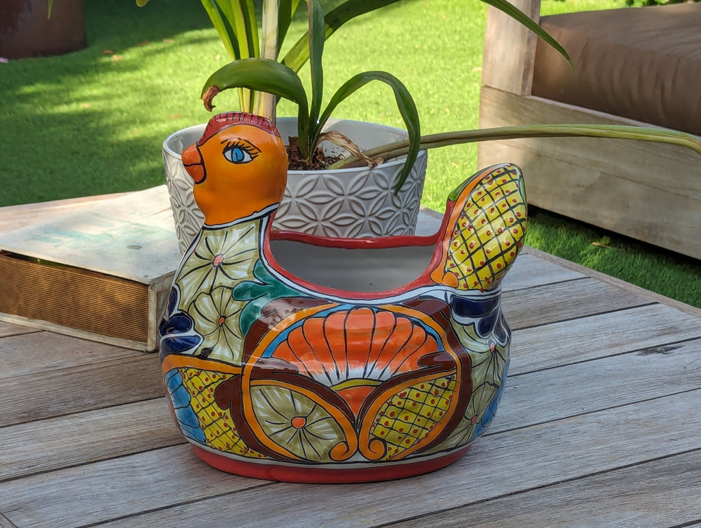 Talavera Chicken Ceramic Planter & Colorful Flower Pot, Handmade Outdoor Yard Decor or Indoor Plant Pot, Colorful Mexican Garden Decor