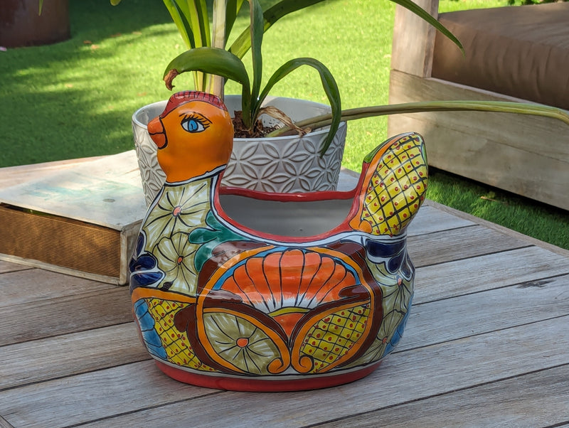 Talavera Chicken Ceramic Planter & Colorful Flower Pot, Handmade Outdoor Yard Decor or Indoor Plant Pot, Colorful Mexican Garden Decor