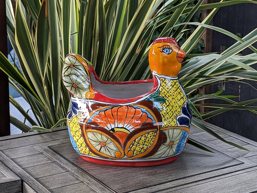 Talavera Chicken Ceramic Planter & Colorful Flower Pot, Handmade Outdoor Yard Decor or Indoor Plant Pot, Colorful Mexican Garden Decor