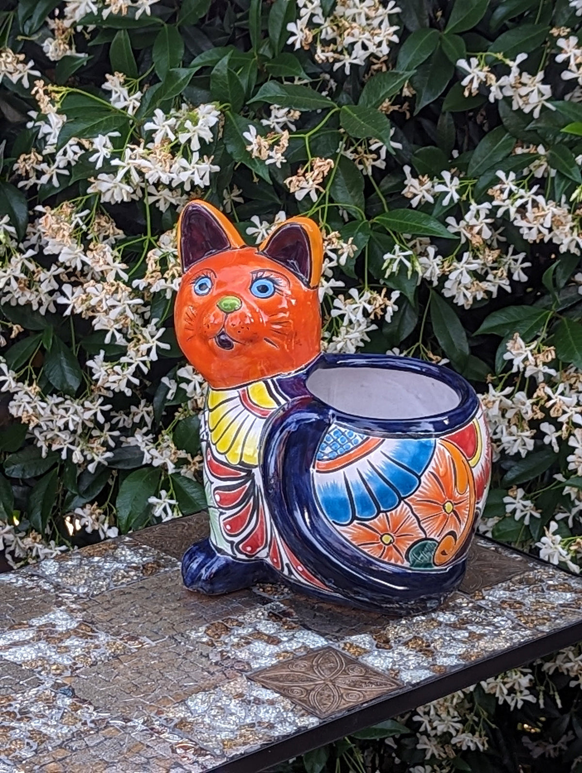Talavera Cat Flower Pot, Ceramic Planter Home Decor, Indoor Outdoor Planter Pot, Mexican Pottery Yard & Garden Decor, Handmade