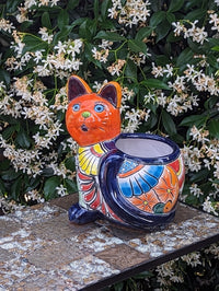 Talavera Cat Flower Pot, Ceramic Planter Home Decor, Indoor Outdoor Planter Pot, Mexican Pottery Yard & Garden Decor, Handmade