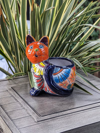 Talavera Cat Flower Pot, Ceramic Planter Home Decor, Indoor Outdoor Planter Pot, Mexican Pottery Yard & Garden Decor, Handmade