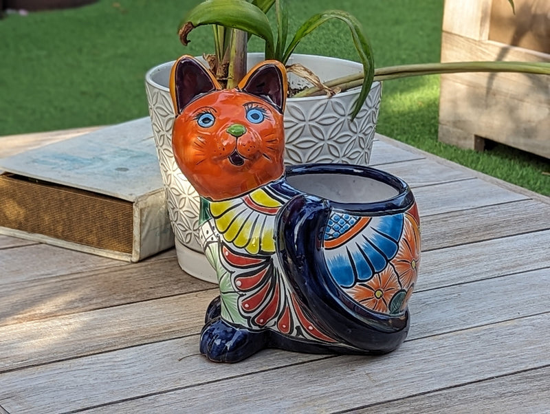 Talavera Cat Flower Pot, Ceramic Planter Home Decor, Indoor Outdoor Planter Pot, Mexican Pottery Yard & Garden Decor, Handmade