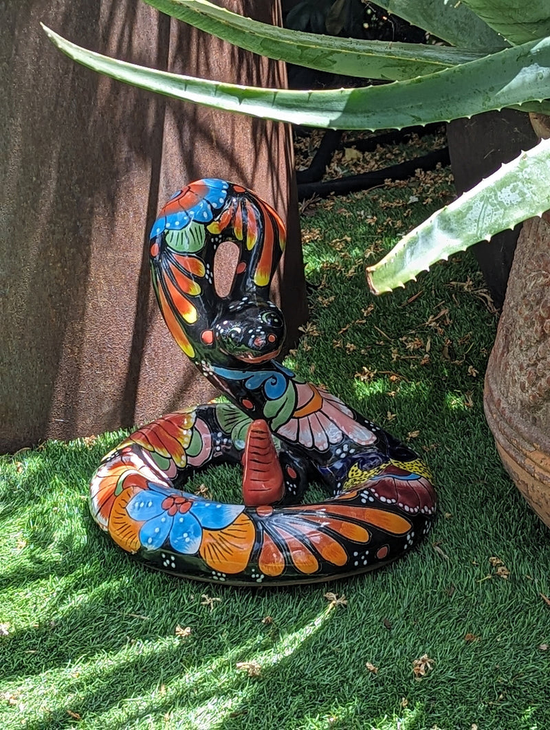 Talavera Rattlesnake Figurine Ceramic Mexican Pottery, Outdoor Snake Decor and Garden Statue Handmade in Mexico