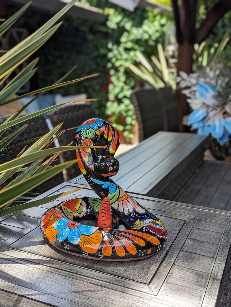 Talavera Rattlesnake Figurine Ceramic Mexican Pottery, Outdoor Snake Decor and Garden Statue Handmade in Mexico