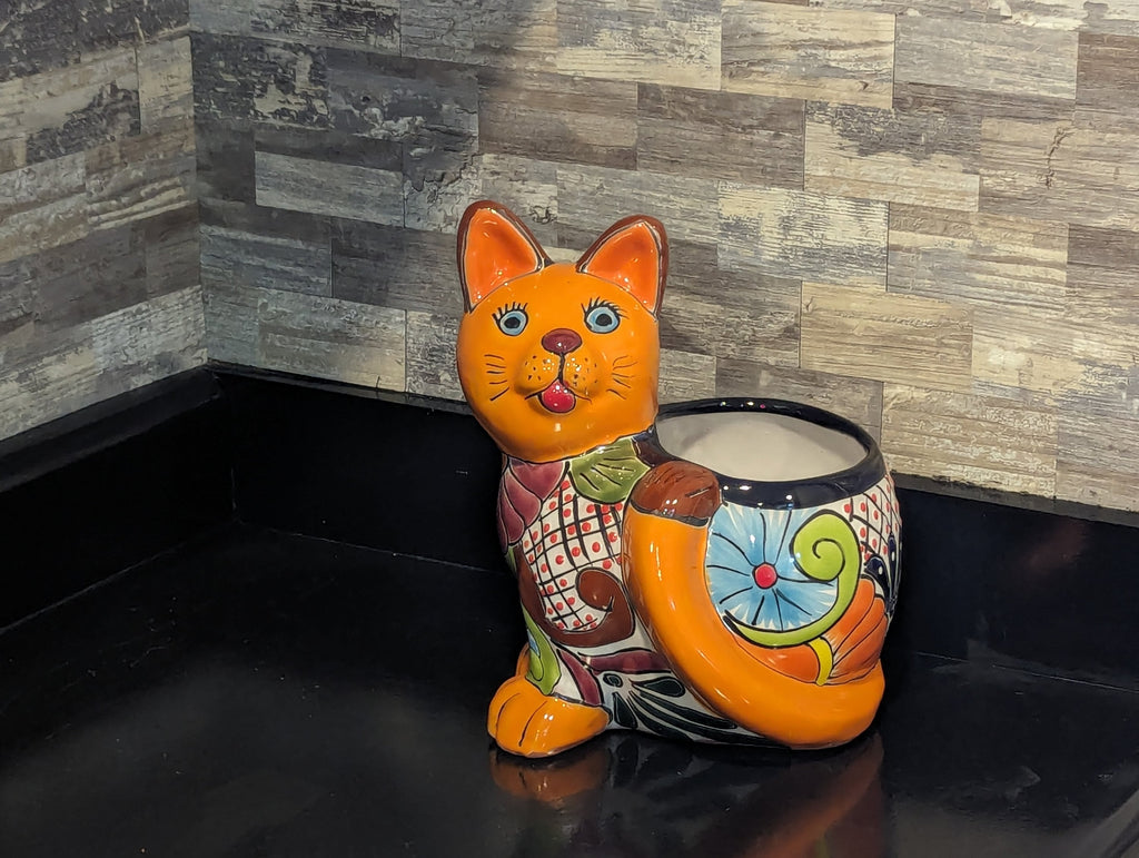 Talavera Cat Flower Pot  Ceramic Planter Home Decor, Handmade Indoor Outdoor Planter Pot, Mexican Pottery Yard & Garden Decor